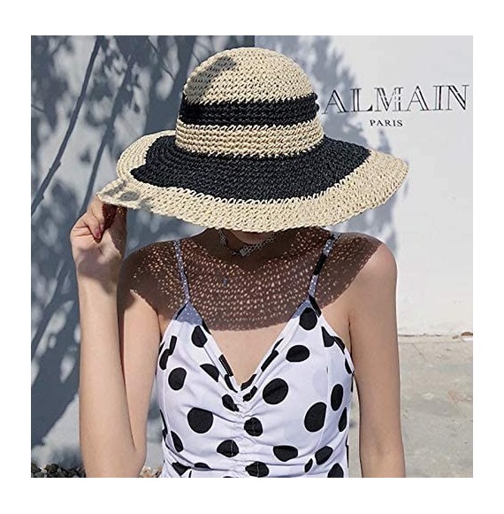 Sun Hats Women's Foldable Bowknot Floppy Straw Sun Hat Wide Brim Beach Sun Visor Hat Cap - Black+beige - C618QQMZR0X