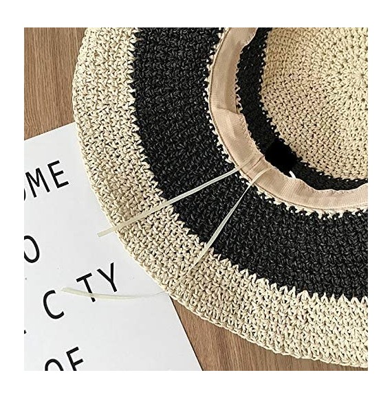 Sun Hats Women's Foldable Bowknot Floppy Straw Sun Hat Wide Brim Beach Sun Visor Hat Cap - Black+beige - C618QQMZR0X