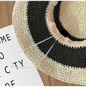 Sun Hats Women's Foldable Bowknot Floppy Straw Sun Hat Wide Brim Beach Sun Visor Hat Cap - Black+beige - C618QQMZR0X