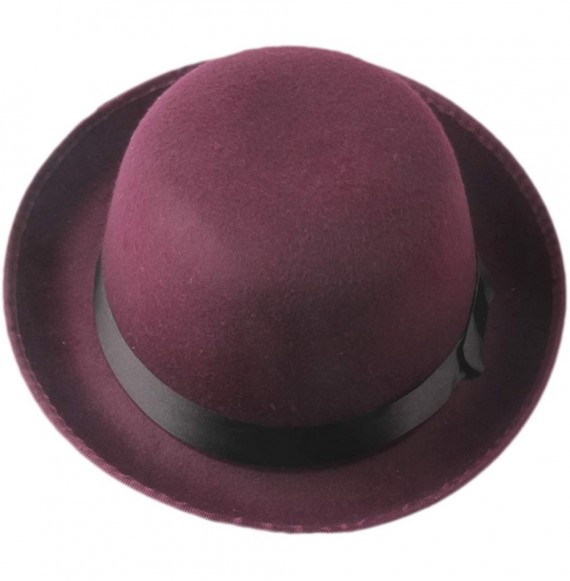 Fedoras Retro Hard Felt Women Men Fold Brim Billycock Round Top Crown Bowler Derby Hat (Size-57cm) - Wine - C418MDNMYM9