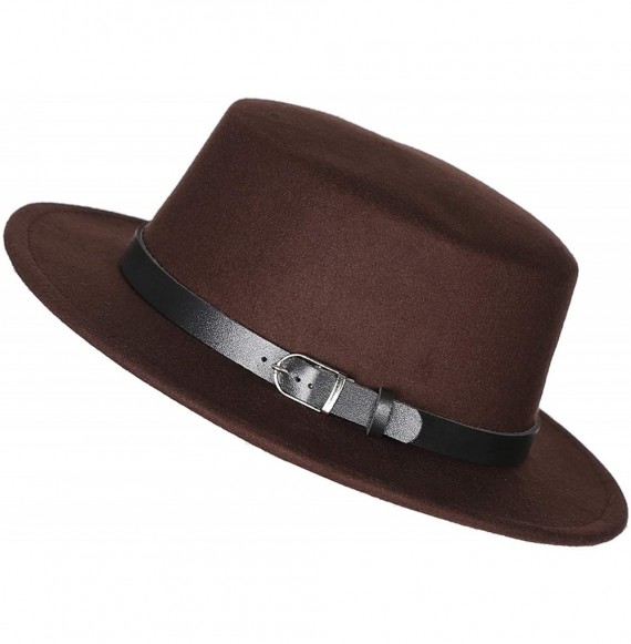 Fedoras Women's Brim Fedora Wool Flat Top Hat Church Derby Belt Cap - Brown - CR18L0AZTR6