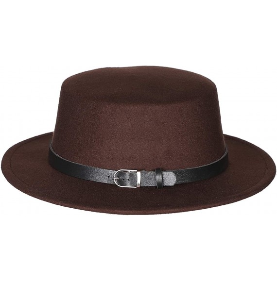 Fedoras Women's Brim Fedora Wool Flat Top Hat Church Derby Belt Cap - Brown - CR18L0AZTR6