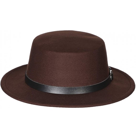 Fedoras Women's Brim Fedora Wool Flat Top Hat Church Derby Belt Cap - Brown - CR18L0AZTR6