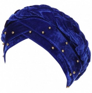 Skullies & Beanies Women Velvet Turban Hat Indian Cap Flower Slouchy Beanie Stretch Chemo Headwrap - Pb Braid Beads Royal Blu...