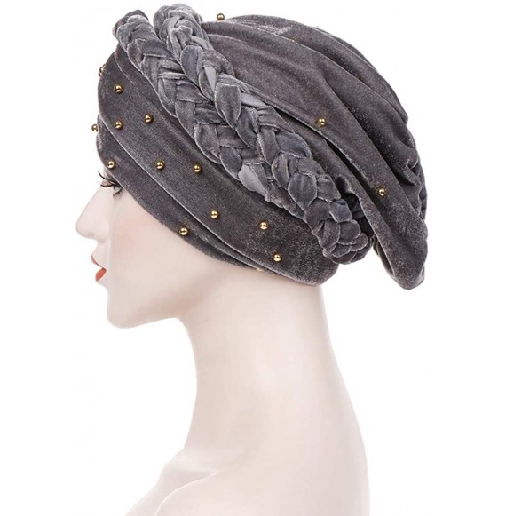 Skullies & Beanies Women Velvet Turban Hat Indian Cap Flower Slouchy Beanie Stretch Chemo Headwrap - Pb Braid Beads Royal Blu...