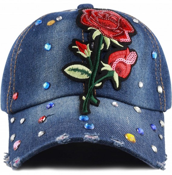 Baseball Caps 200 Bling Jewel Rhinestone Rose Patch Washed Denim Baseball Cap - 19. Rose Jewel-3 - CC18RG63NOR