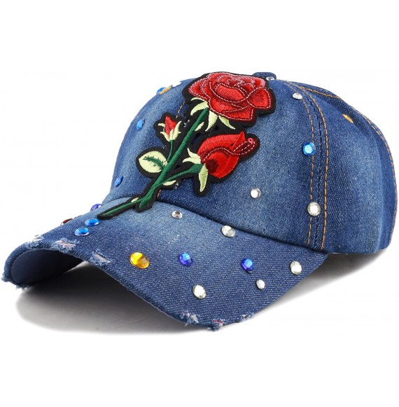 Baseball Caps 200 Bling Jewel Rhinestone Rose Patch Washed Denim Baseball Cap - 19. Rose Jewel-3 - CC18RG63NOR