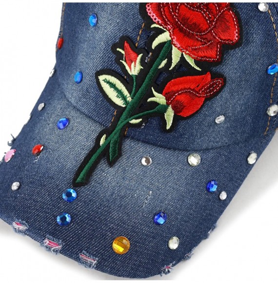 Baseball Caps 200 Bling Jewel Rhinestone Rose Patch Washed Denim Baseball Cap - 19. Rose Jewel-3 - CC18RG63NOR