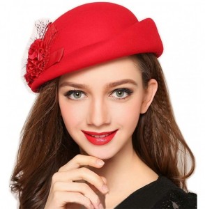 Skullies & Beanies Womens 100% Wool Veil Flower Pillbox Hat Winter Hat Crimping Beanie Hat - Red - CW18776DMDT