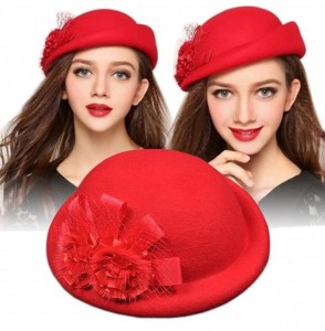 Skullies & Beanies Womens 100% Wool Veil Flower Pillbox Hat Winter Hat Crimping Beanie Hat - Red - CW18776DMDT