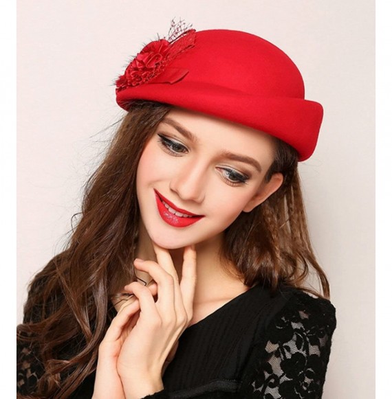 Skullies & Beanies Womens 100% Wool Veil Flower Pillbox Hat Winter Hat Crimping Beanie Hat - Red - CW18776DMDT