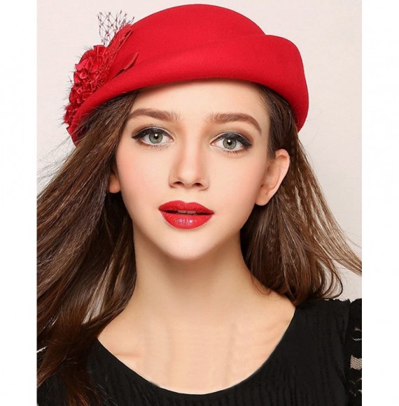 Skullies & Beanies Womens 100% Wool Veil Flower Pillbox Hat Winter Hat Crimping Beanie Hat - Red - CW18776DMDT