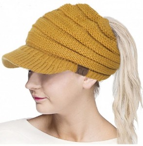 Skullies & Beanies Brim BeanieTail Ponytail Messy Bun Solid Ribbed Beanie Hat Sun Cap - Mustard - C0185XEOYOY