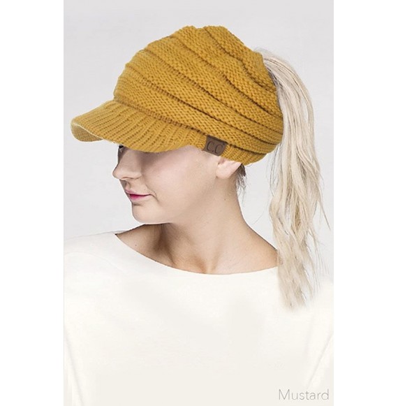 Skullies & Beanies Brim BeanieTail Ponytail Messy Bun Solid Ribbed Beanie Hat Sun Cap - Mustard - C0185XEOYOY