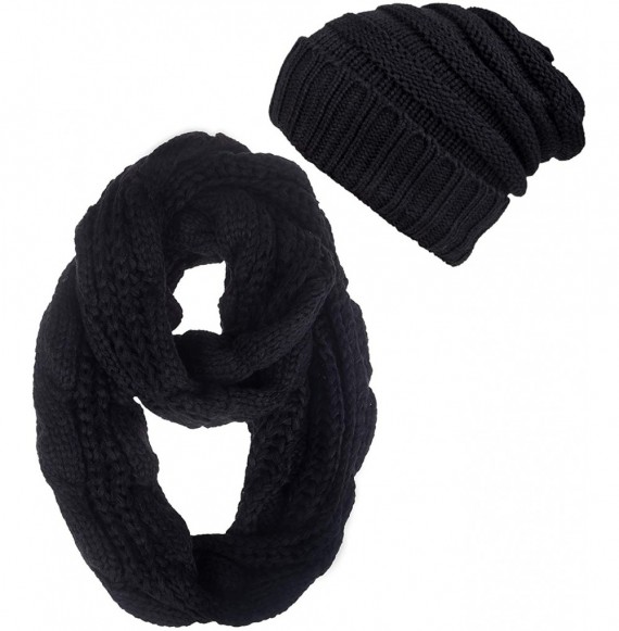 Skullies & Beanies Womens Winter Hats Infinity Scarf Set Warm Knit Fleece Slouchy Beanie Hat Gifts - A6-solid Black - CR18XT0...