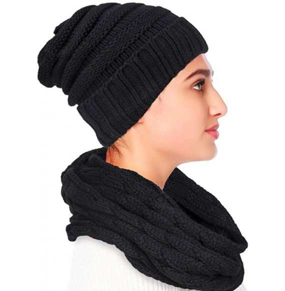 Skullies & Beanies Womens Winter Hats Infinity Scarf Set Warm Knit Fleece Slouchy Beanie Hat Gifts - A6-solid Black - CR18XT0...