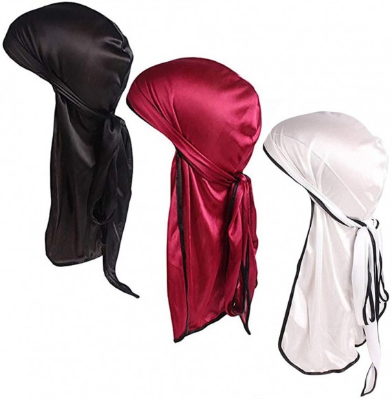 Skullies & Beanies Satin Silk Head Wrap Durag Long Tail Beanies for Men Headwraps Cap - 3pcs Black&wine Red&white - CI18Y9UZII6