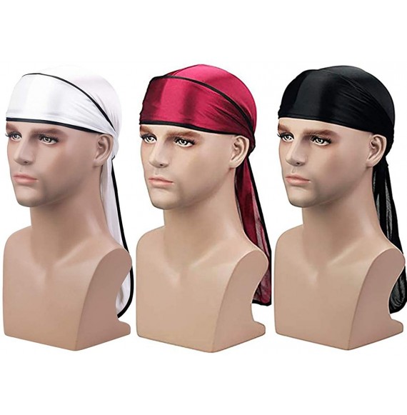 Skullies & Beanies Satin Silk Head Wrap Durag Long Tail Beanies for Men Headwraps Cap - 3pcs Black&wine Red&white - CI18Y9UZII6