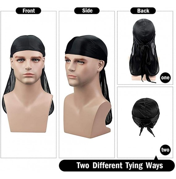 Skullies & Beanies Satin Silk Head Wrap Durag Long Tail Beanies for Men Headwraps Cap - 3pcs Black&wine Red&white - CI18Y9UZII6