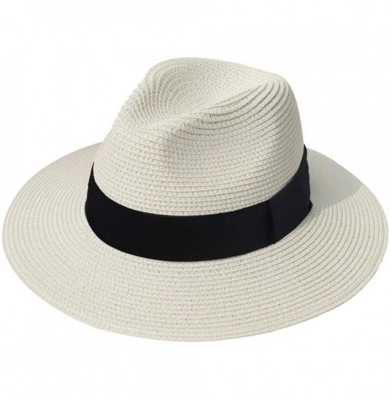 Sun Hats Women Straw Panama Hat Fedora Beach Sun Hat Wide Brim Straw Roll up Hat UPF 30+ - Fedora a Ivory - CN18NEDCOH3