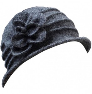 Skullies & Beanies Women 100% Wool Felt Round Top Cloche Hat Fedoras Trilby with Bow Flower - A4 Dark Grey - CO185AE56NZ