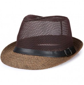 Fedoras Men Mesh Straw Summer Fedora Hat Short Brim Beach Sunhat Breathable Panama Cap - Brown - CJ18QWNW5XS