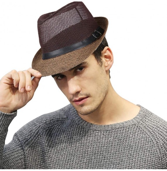 Fedoras Men Mesh Straw Summer Fedora Hat Short Brim Beach Sunhat Breathable Panama Cap - Brown - CJ18QWNW5XS