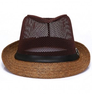 Fedoras Men Mesh Straw Summer Fedora Hat Short Brim Beach Sunhat Breathable Panama Cap - Brown - CJ18QWNW5XS