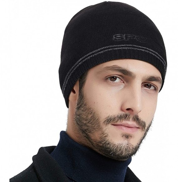 Skullies & Beanies Mens Winter Plain Skull Beanie Warm Knitting Hats Cuff Stretchy Toboggan Knit Fleece Ski Cap - Black - CW1...