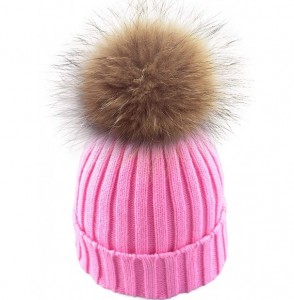 Skullies & Beanies Winter Soft Stretch Knitted Warm Beanie hat for Women Real Fur Raccoon pom pom Hat Ski Cap - Pink - C618IY...