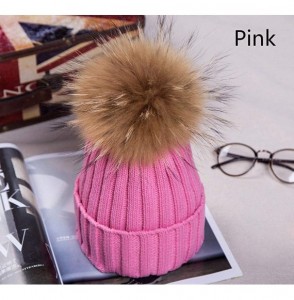 Skullies & Beanies Winter Soft Stretch Knitted Warm Beanie hat for Women Real Fur Raccoon pom pom Hat Ski Cap - Pink - C618IY...