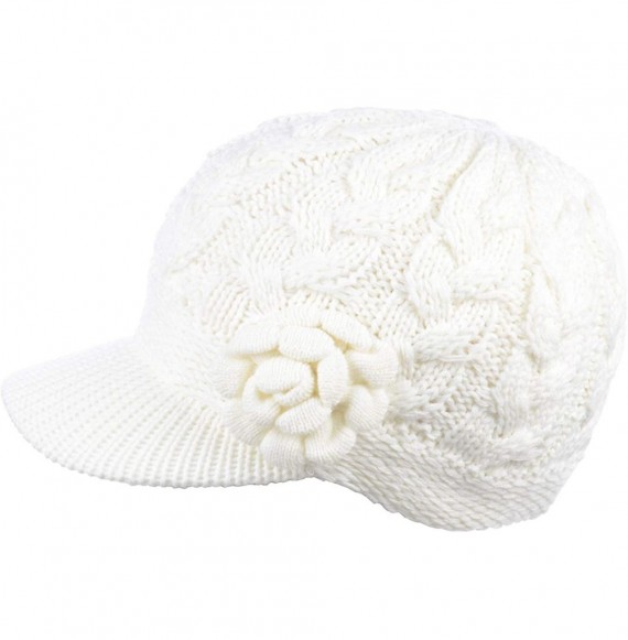 Skullies & Beanies Women's Winter Fleece Lined Elegant Flower Cable Knit Newsboy Cabbie Hat - White Cable Flower - CA18IIK8NHN