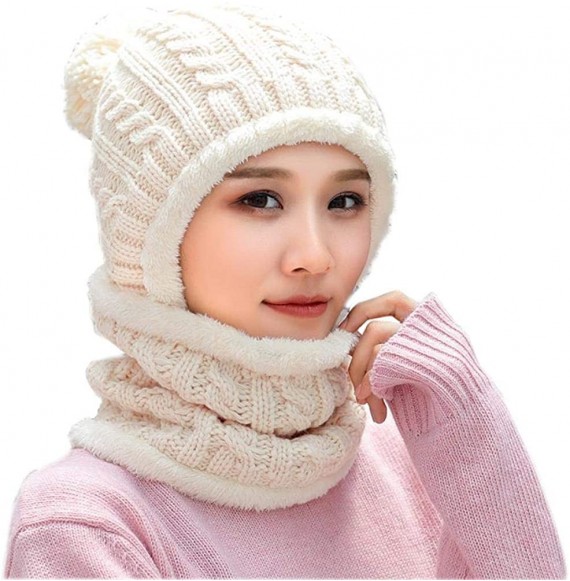 Skullies & Beanies Warm Fleece Lined Knit Hats Hood Scarf Set for Women Winter Beanie with Pom Pom - Beige - CI18LX4AW05