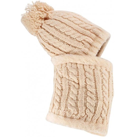 Skullies & Beanies Warm Fleece Lined Knit Hats Hood Scarf Set for Women Winter Beanie with Pom Pom - Beige - CI18LX4AW05