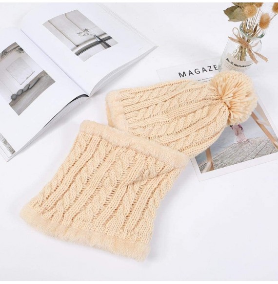 Skullies & Beanies Warm Fleece Lined Knit Hats Hood Scarf Set for Women Winter Beanie with Pom Pom - Beige - CI18LX4AW05