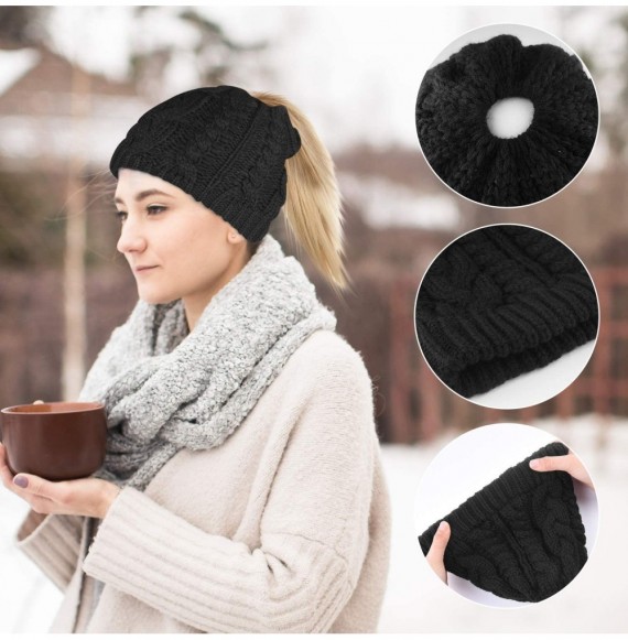 Skullies & Beanies 4 Pieces Womens Winter Beanie Hats with Ponytail Hole Knit Scarf Gloves - Black(style 2) - CF1938RZ8CM