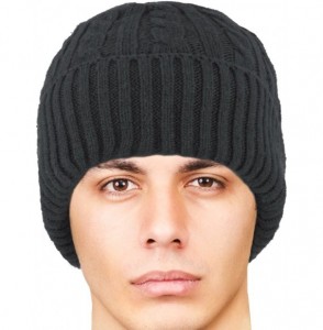 Skullies & Beanies Men's Wool Blend Knit Beanie- Soft & Warm Velour Fleece Lined - Cable - Black - CI1270EP4ZV