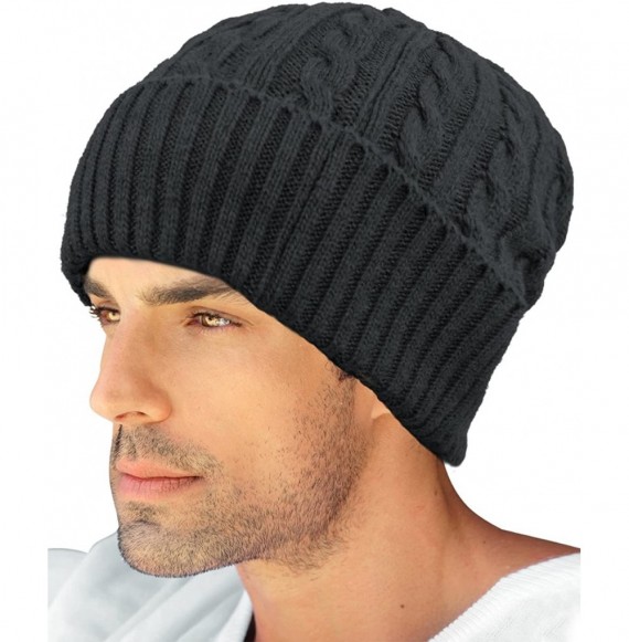 Skullies & Beanies Men's Wool Blend Knit Beanie- Soft & Warm Velour Fleece Lined - Cable - Black - CI1270EP4ZV