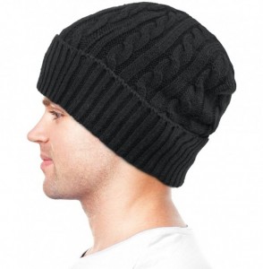 Skullies & Beanies Men's Wool Blend Knit Beanie- Soft & Warm Velour Fleece Lined - Cable - Black - CI1270EP4ZV