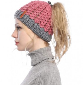 Skullies & Beanies Ponytail Beanie Hat for Women- Girls BeanieTail Soft Stretch Cable Knit Messy High Bun Winter Cap - Pink -...