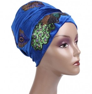 Skullies & Beanies Women's Velvet Sequins Peacock Muslim Turban Hijab Headwrap Cap Hat - Royal Blue - CQ18EK92CR3