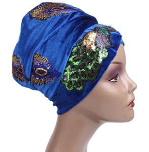 Skullies & Beanies Women's Velvet Sequins Peacock Muslim Turban Hijab Headwrap Cap Hat - Royal Blue - CQ18EK92CR3