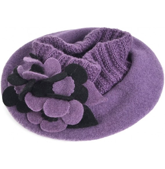 Berets Lady French Beret 100% Wool Beret Floral Dress Beanie Winter Hat - Floral-purple - CK18XDKO52G