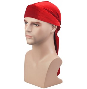 Skullies & Beanies Men's Soft Velvet Long Tail Wide Straps Durag Solid Color Cap Turban Headwrap - Red - CL18GREZA6K