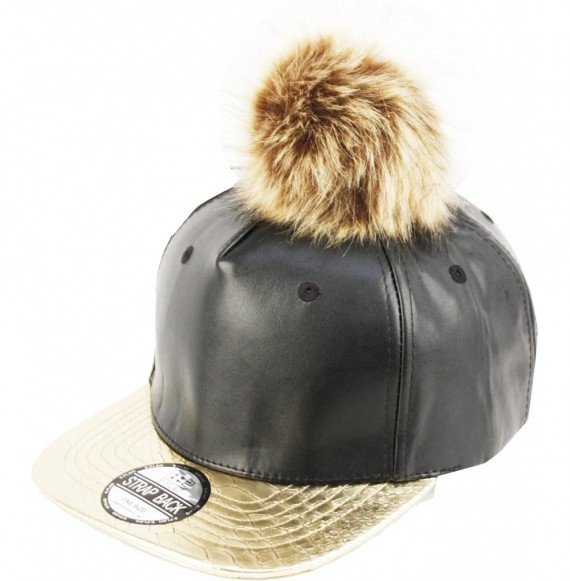 Baseball Caps Faux Leather Fur Pom Pom Baseball Cap Strap Back - Black/Gold - CX129S7ZMRX