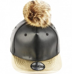 Baseball Caps Faux Leather Fur Pom Pom Baseball Cap Strap Back - Black/Gold - CX129S7ZMRX