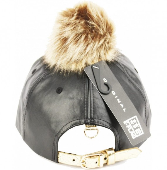 Baseball Caps Faux Leather Fur Pom Pom Baseball Cap Strap Back - Black/Gold - CX129S7ZMRX