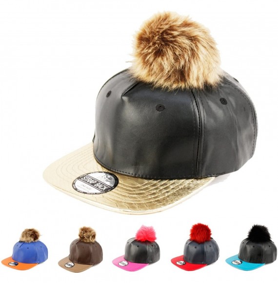 Baseball Caps Faux Leather Fur Pom Pom Baseball Cap Strap Back - Black/Gold - CX129S7ZMRX