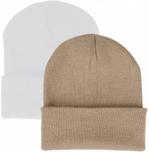 Skullies & Beanies 2 Pack Made in USA Thick Beanie Cuff Premium Headwear Winter Hat - White & Khaki - CY1808ESNDM