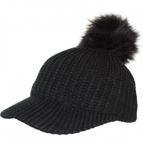 Baseball Caps Ribbed Knit Baseball Cap Hat w/Removable Faux Fur Pom Pom- Adjustable - Black - CA18I8635DT